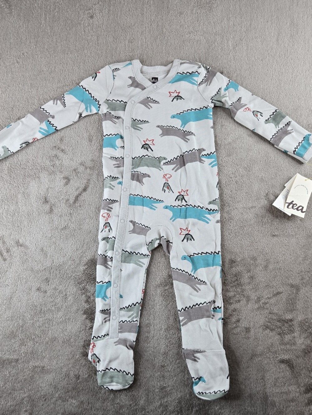 Tea Collection White Baby Sleeper PJ Footie with Dino Teal and Gray Prints 6-9 M